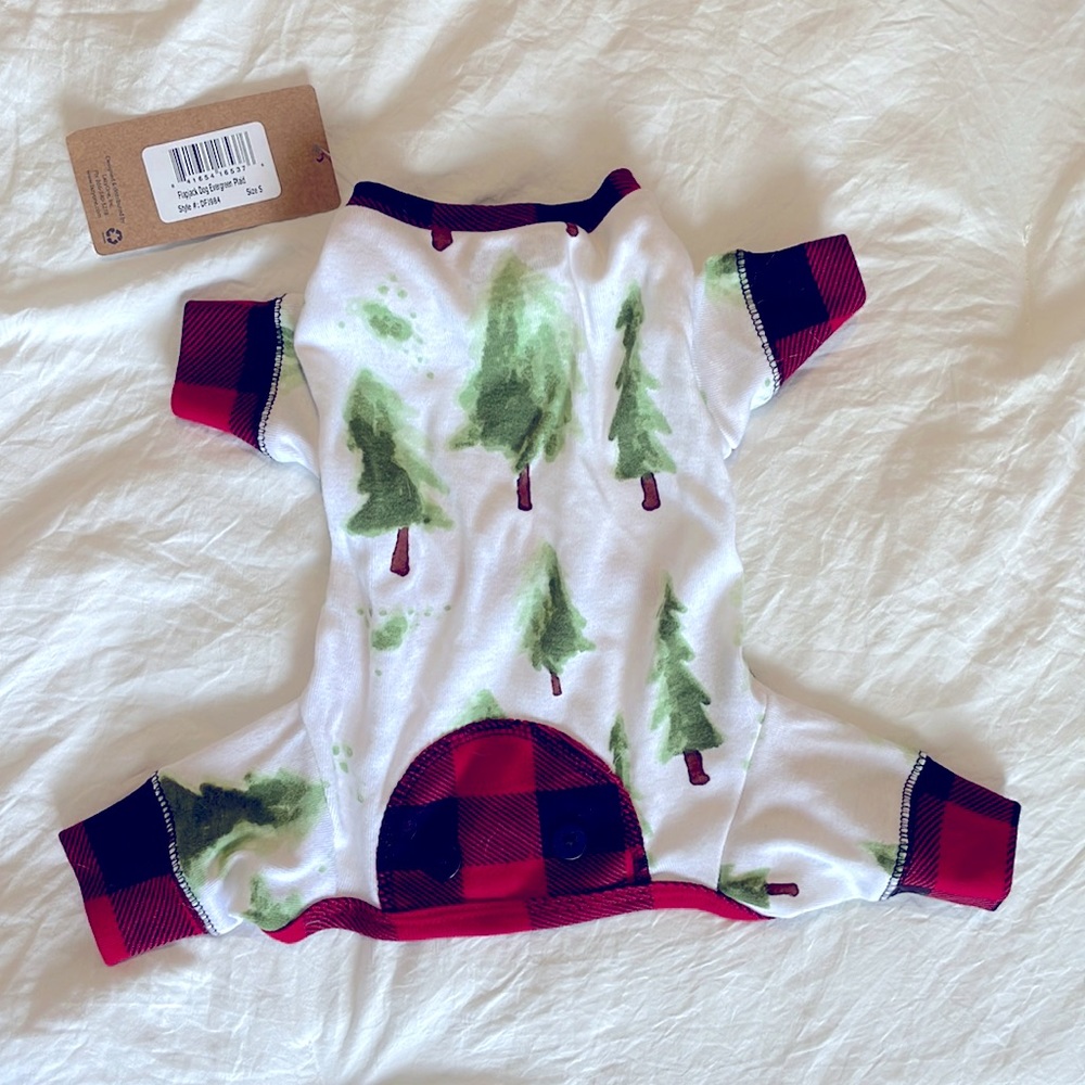 Lazy One Family matching pajamas - Evergreen trees. Dog onsie